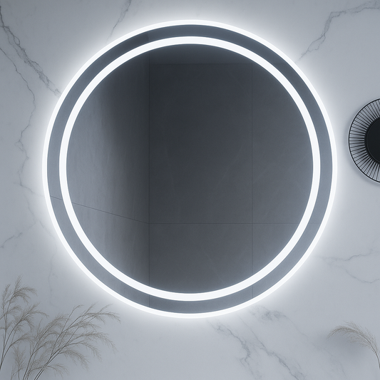 Ondelle Round LED Bathroom Mirror — Front-Lit Ring + Backlit Halo, Anti-Fog, Dimmable | 24″, 28″, 32″