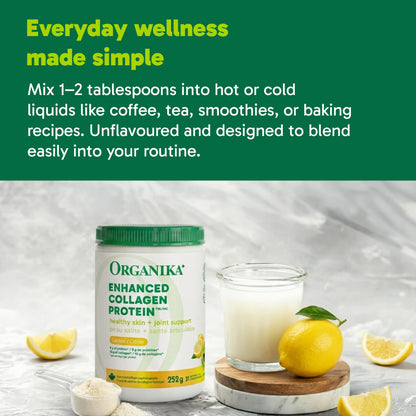 Organika Canadian-Made Enhanced Collagen Protein Powder- Lemon - For Healthy Hair, Skin, Nails, Joints - Hydrolyzed Peptides For Better Absorption – Grass-Fed, Non-GMO - 252g 🍁 All In One Marketplace Canada