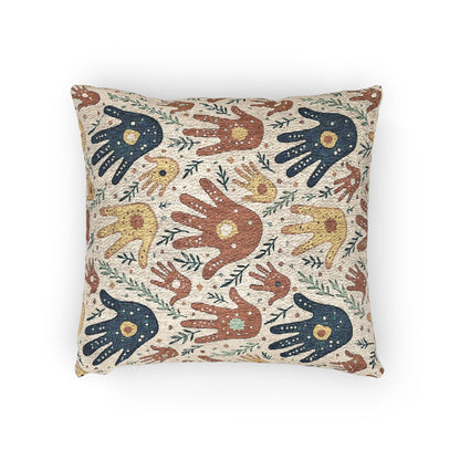 Woven Pillow — Boho Handprint Pattern Decorative Throw Pillow (Earth Tones)