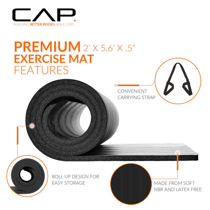 CAP Barbell Yoga Mat 1/2" Thick with Carrying Strap - High Density Exercise Mat for Yoga, Pilates, Stretching, Floor & Fitness Workouts - 68''x24''x1/2" | Black 🍁 All In One Marketplace Canada
