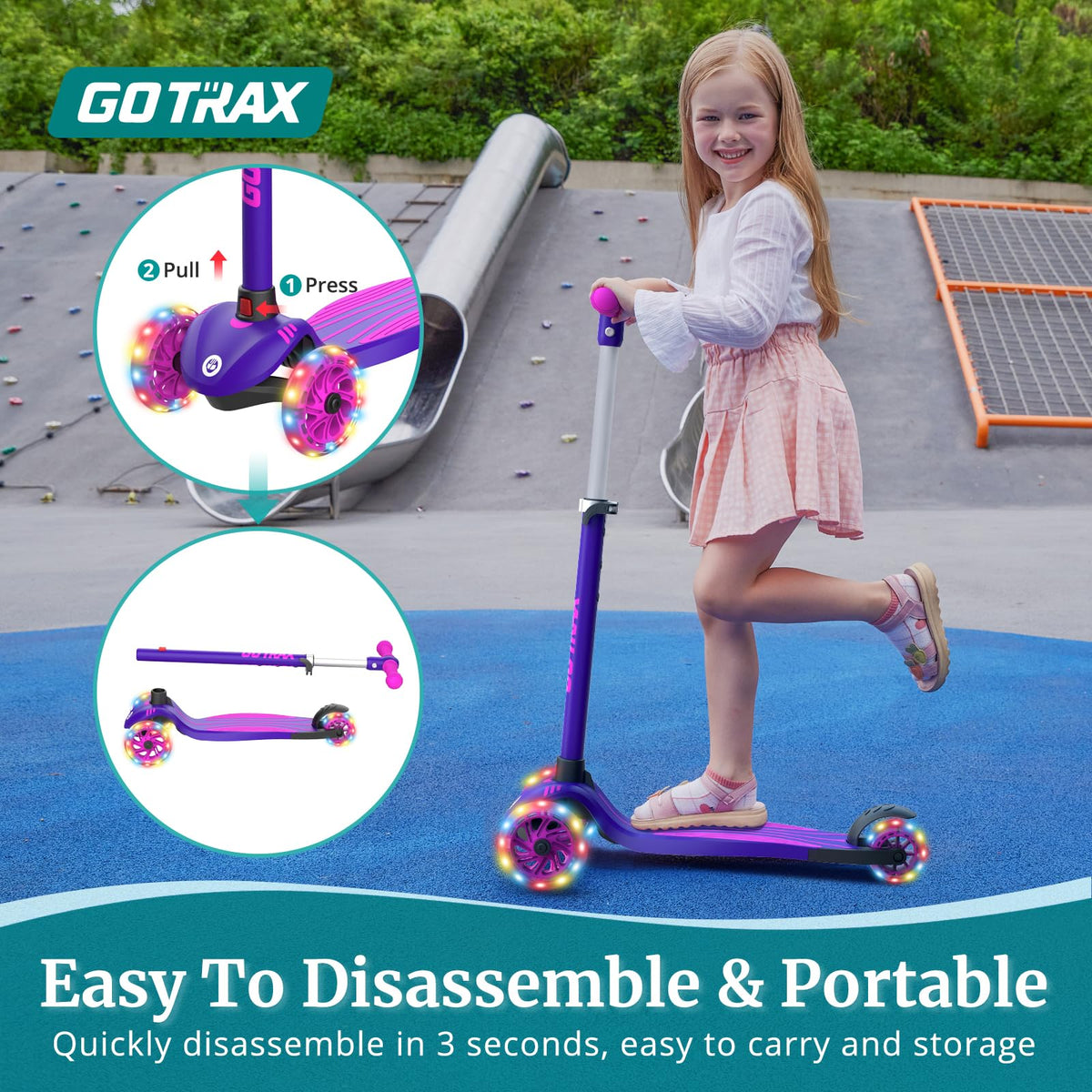 Gotrax KS1 Kids Kick Scooter, LED Lighted Wheels and 3 Adjustable Height Handlebars, Lean-to-Steer & Widen Anti-Slip Deck, 3 Wheel Scooter for Boys & Girls Ages 3+ and up to 100 Lbs (Purple) 🍁 All In One Marketplace Canada