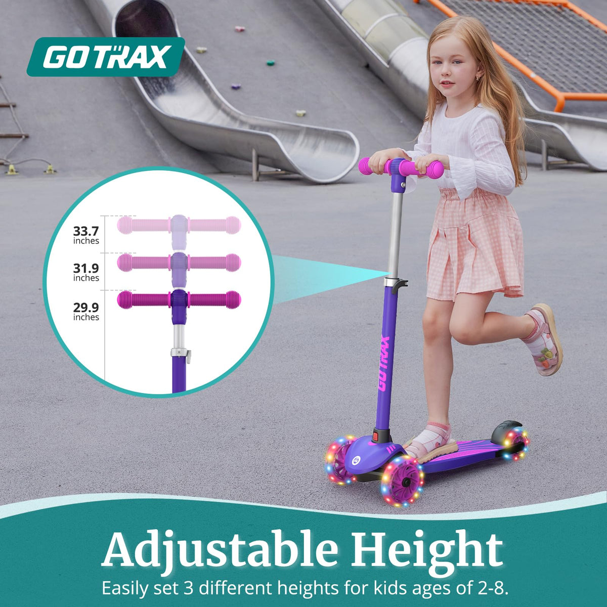 Gotrax KS1 Kids Kick Scooter, LED Lighted Wheels and 3 Adjustable Height Handlebars, Lean-to-Steer & Widen Anti-Slip Deck, 3 Wheel Scooter for Boys & Girls Ages 3+ and up to 100 Lbs (Purple) 🍁 All In One Marketplace Canada