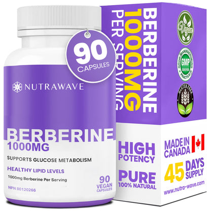 Nutrawave Pure Berberine Maximum Potency, 1000mg per Serving(Each Capsule 500mg), Supports Blood Sugar Levels, Healthy Lipid(Fat) & Glucose Metabolism, Non-GMO, Vegan, Gluten Free, 90 Capsules, 1 Pack 🍁 All In One Marketplace Canada