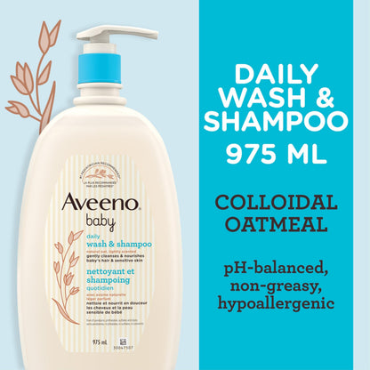 Aveeno Baby Wash and Shampoo - Gentle 2-in-1 Body Wash with Natural Oat Extract for Sensitive Skin - Tear-Free, Hypoallergenic Cleanser, Free from Parabens, Sulfates & Dyes - 975ml 🍁 All In One Marketplace Canada