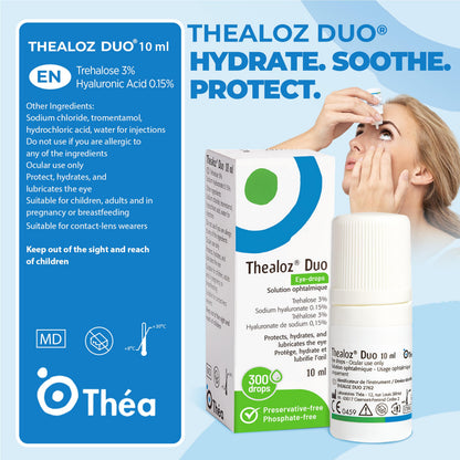 Thealoz Duo Eye Drops (2x10ml) - Clinically Proven Formula for Dry Eyes, Hydration with Hyaluronic Acid & Trehalose, Soothes & Lubricates, Tear Film Stabilization, Contact Lens Compatible (600 Drops) 🍁 All In One Marketplace Canada