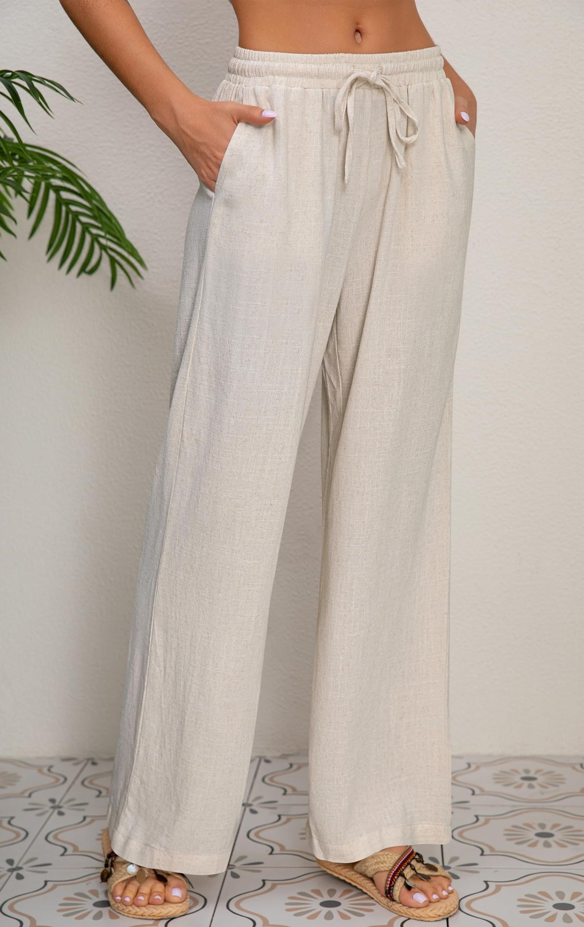 AISEW Women's Cotton Linen Palazzo Pants Drawstring Elastic Waist Casual Wide Leg Long Lounge Trousers with Pockets (Beige, 7031M) 🍁 All In One Marketplace Canada