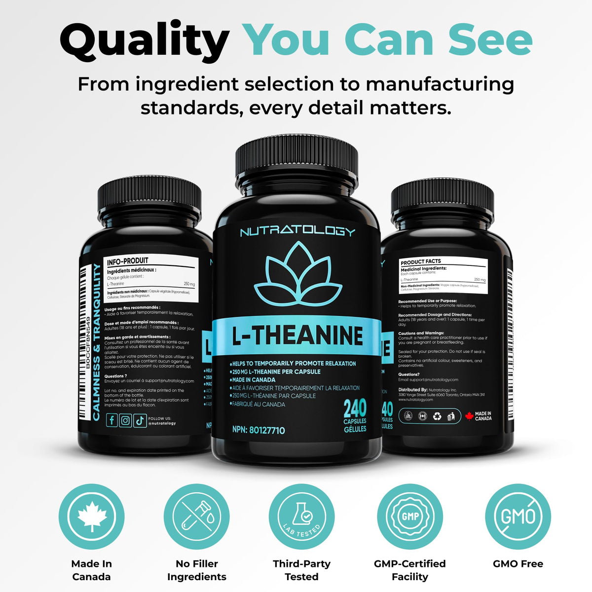 Nutratology® L-Theanine 250MG Capsules | Canadian-Made | For Stress Management | Promotes Relaxation & Calmness Without Drowsiness - L-Theanine Supplement for Stress Relief | 240 Capsules 🍁 All In One Marketplace Canada