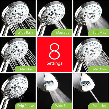 AquaCare High Pressure 8-Mode Handheld Shower Head - Anti-Clog Nozzles, Built-in Power Wash to Clean Tub, Tile & Pets, Extra Long 6 ft. Stainless Steel Hose, Wall & Overhead Brackets 🍁 All In One Marketplace Canada