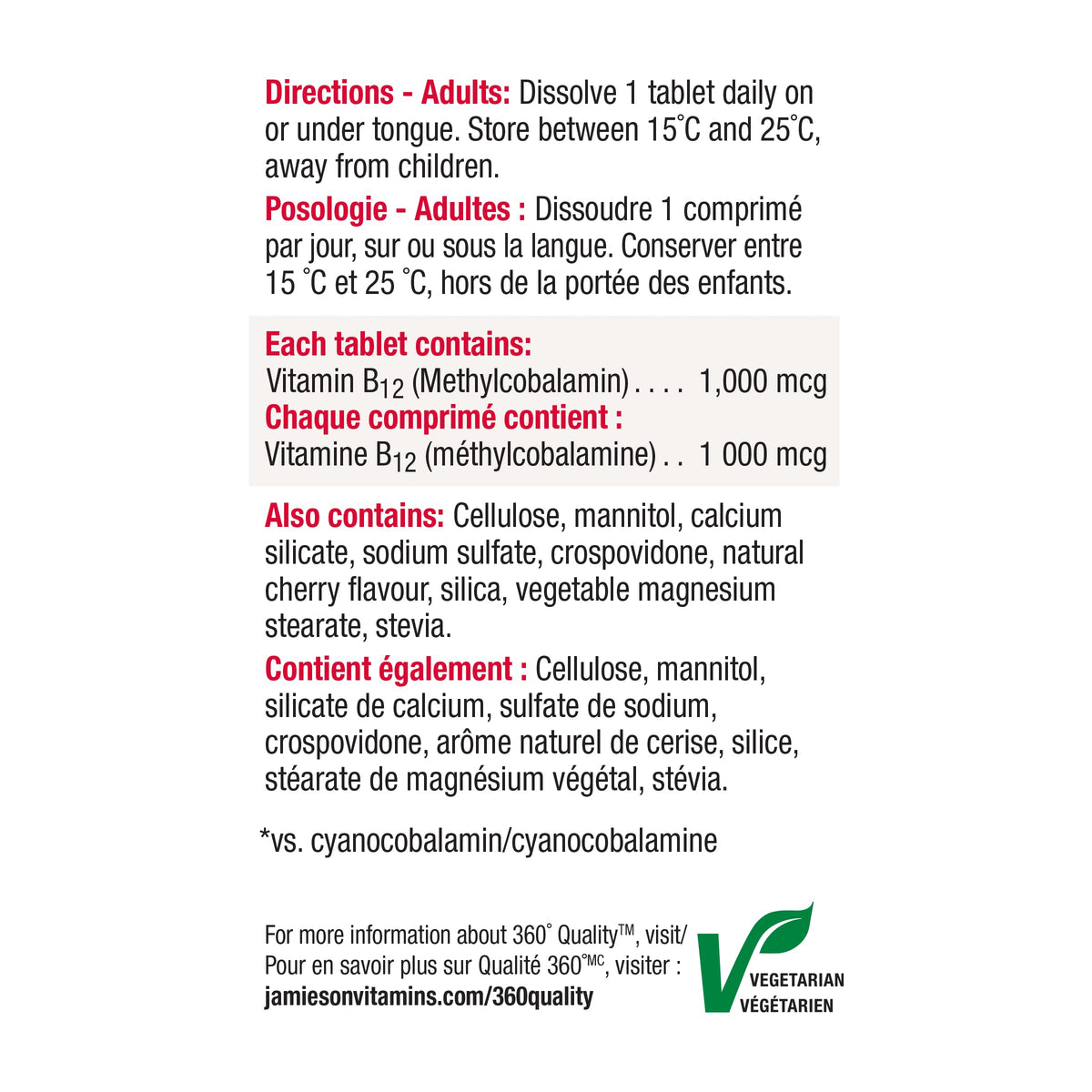 Jamieson Vitamin B12 Methylcobalamin 1,000 mcg, Fast Dissolving, Faster Acting, Naturally Energizing, and Supports Metabolism. Vegetarian, Gluten-Free, Natural Wild Cherry Flavour, 100 Sublingual Tablets, Proudly Canadian 🍁 All In One Marketplace Canada
