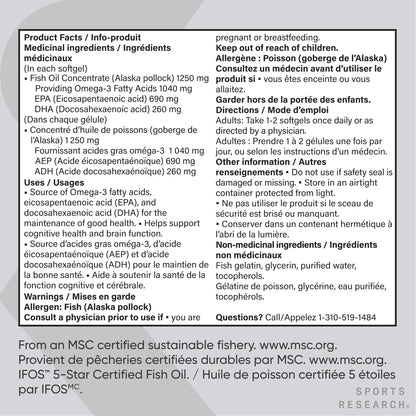 Sports Research® Triple Strength Omega 3 Fish Oil - Burpless Supplement w/EPA & DHA Fatty Acids from Wild Alaskan Pollock - Supports Cognitive Health & Brain Function for Men & Women - 1250mg, 180ct 🍁 All In One Marketplace Canada