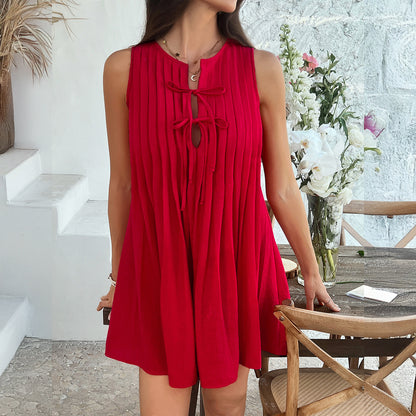Women’s Solid Color Lace-Up Pleated Mini Dress – Sleeveless Casual Summer Party Dress