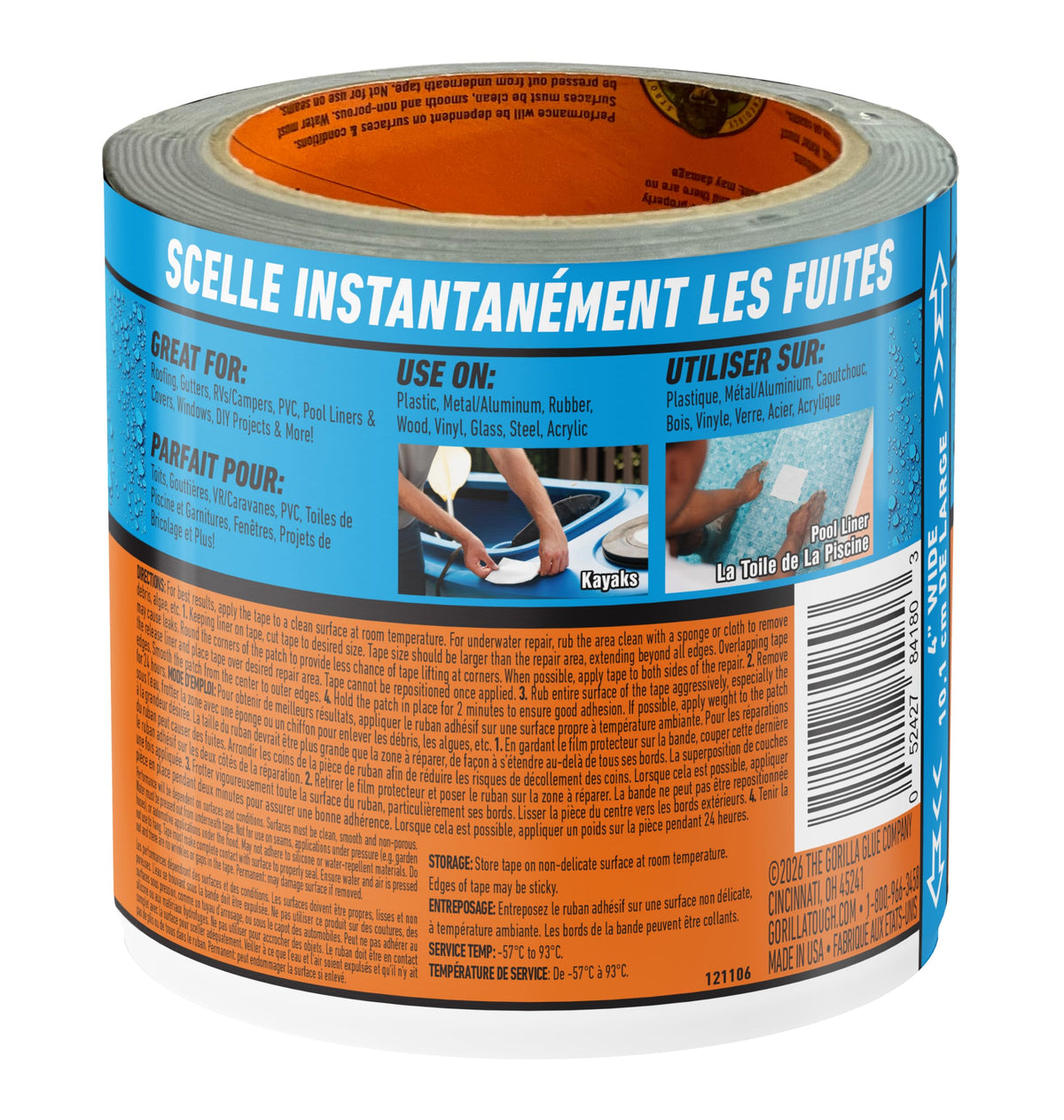 Gorilla Waterproof Patch & Seal Tape, Heavy-Duty, Instantly Seals, Works Underwater, Indoor/Outdoor, Flexible Permanent Bond, 4 in x 10 ft, White 🍁 All In One Marketplace Canada