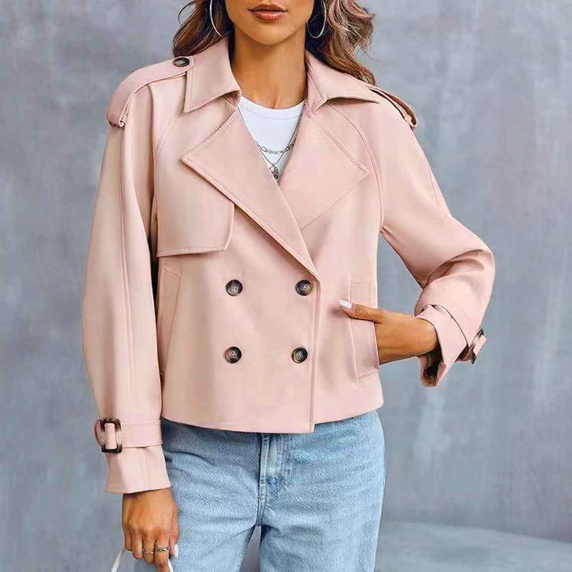 Women’s Short Double-Breasted Trench Coat – Fashionable Casual Jacket for Fall & Spring