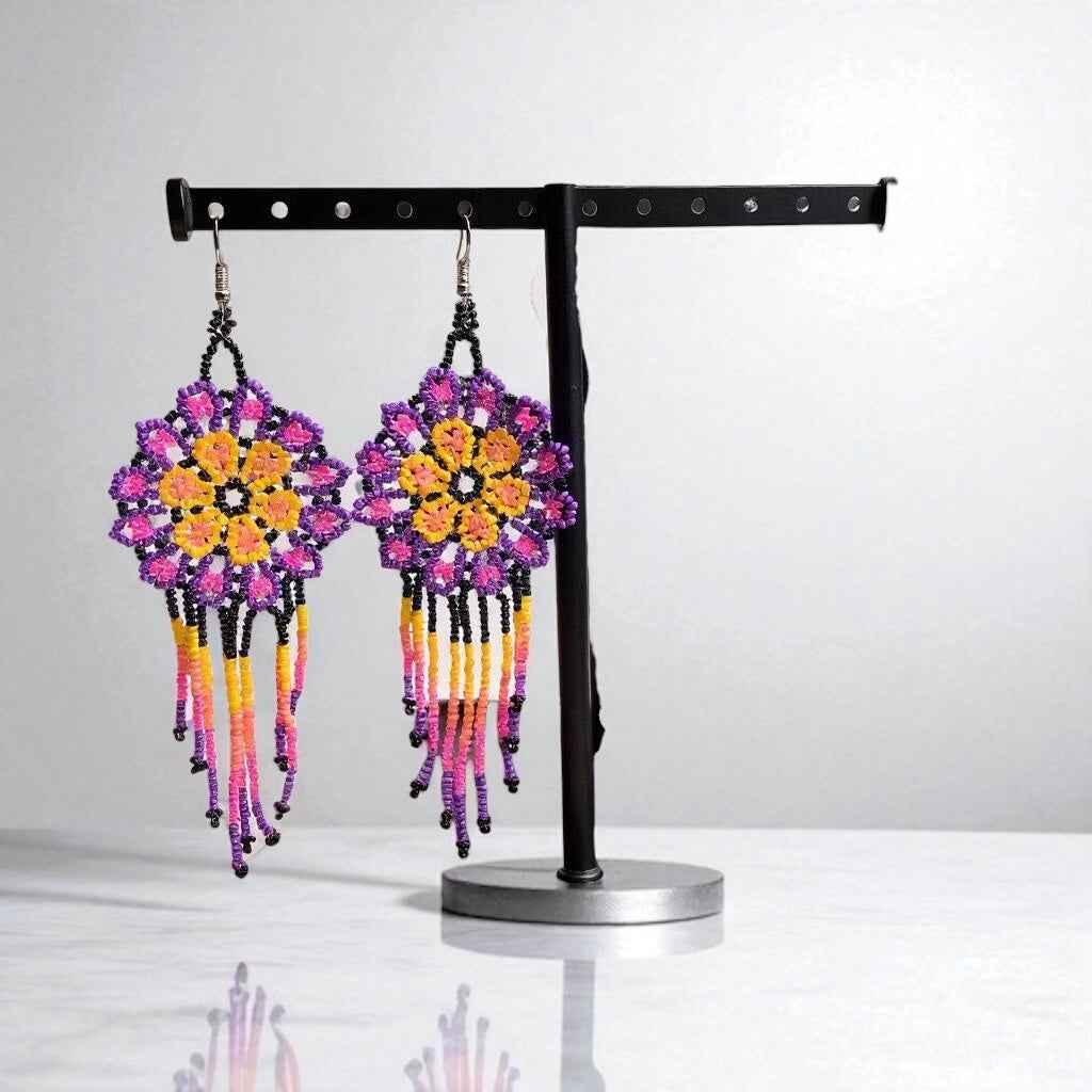 Yellow Purple Flower beaded Earrings