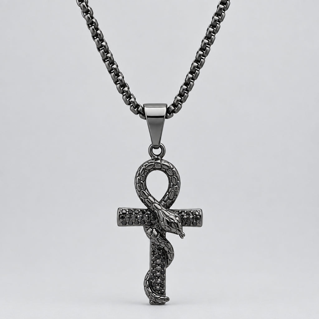 Men’s Black IP Stainless Steel Snake & Cross Pendant Biker Necklace