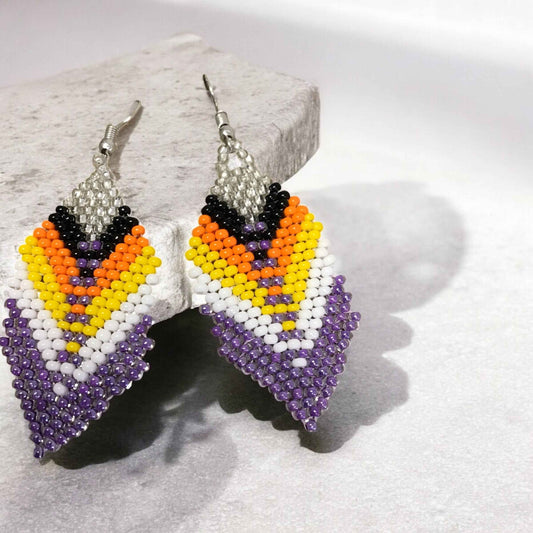 OldTribes™ purple and silver Beaded Feather Drop Earrings
