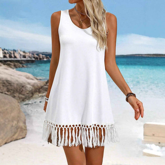 Women's Solid-Color European & American Style Tassel Dress – Sleeveless Asymmetrical Mid-Length Dress