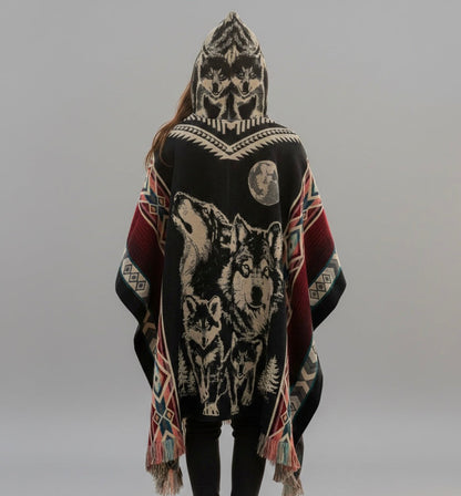 Wolf w/puppy wolf HandMade Wool Poncho