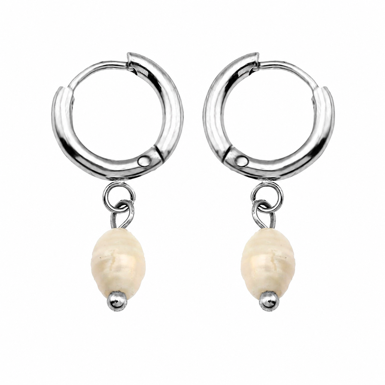 ALEX Silver (White Gold): Mini Hoop Earrings with Natural Freshwater Pearl Charm – Elegance in Every Detail