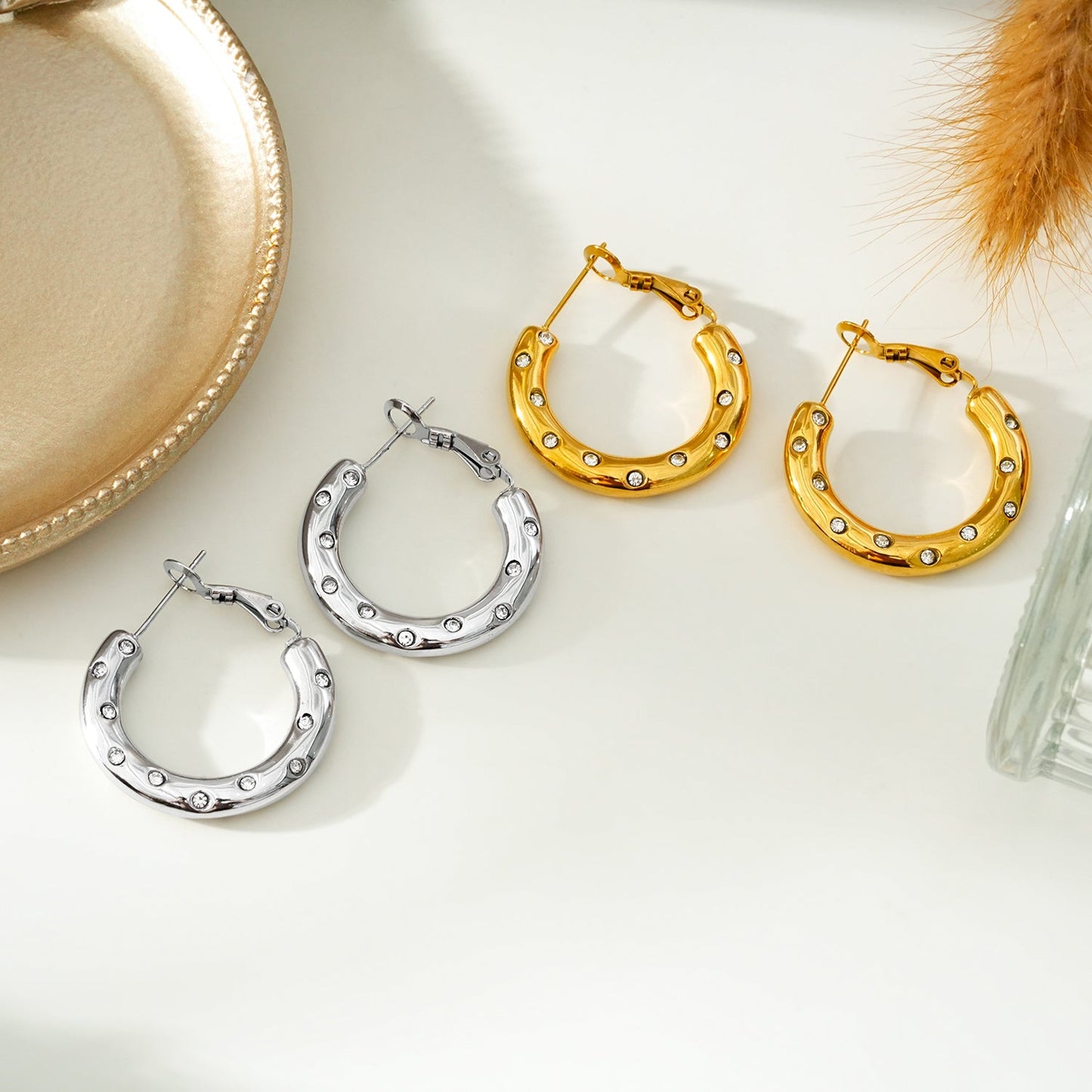 ALFRISTON White Gold (Silver Toned): Mid-Width Hoops Embedded with Zirconia (CZ) Gemstones