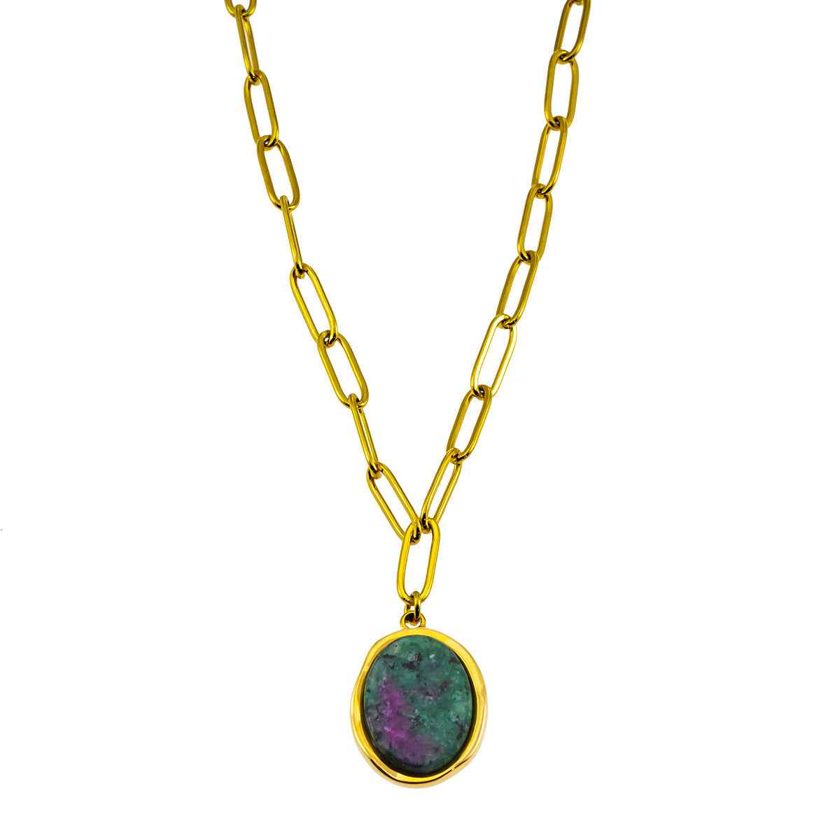 ASAMI: Contemporary Paperclip Chain anchoring a Ruby Zoisite Oval Pendant