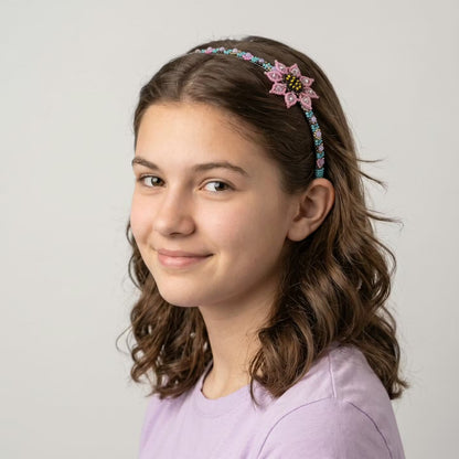Beaded Headband with Flower Pink