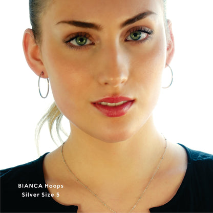 BIANCA Silver: Classic Essential Everyday Basic Round Silver Hoops. Available in 7 Sizes - 1cm to 6cm