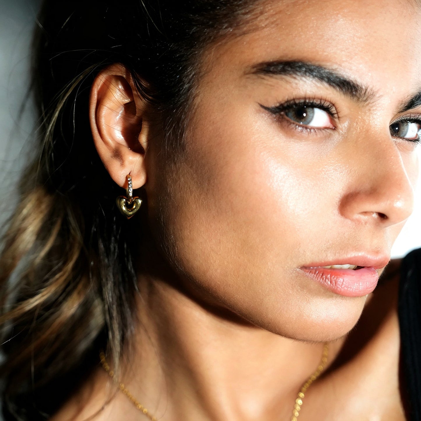 BISHAARA Gold: Zirconia Embedded Heart Charm Hoop Earrings – Forever Love