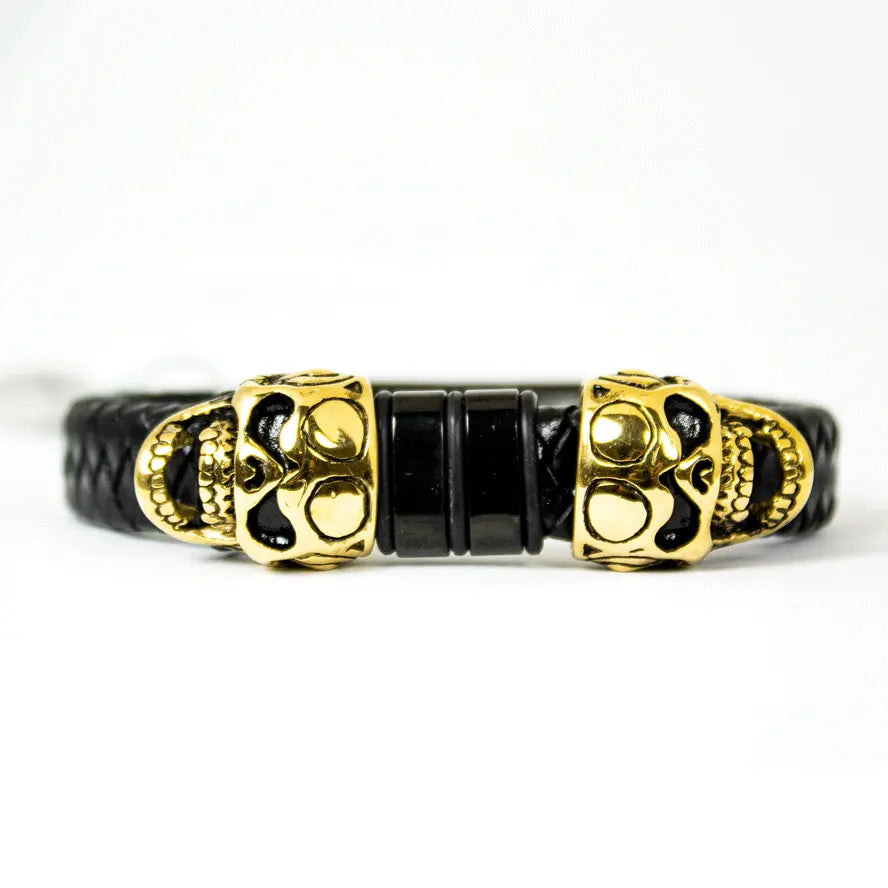 BOL Men's Braided Leather Skull Charm Bracelet