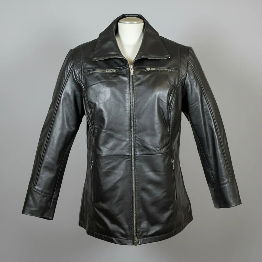 Classic Women's Mid-Length Lamb Leather Jacket