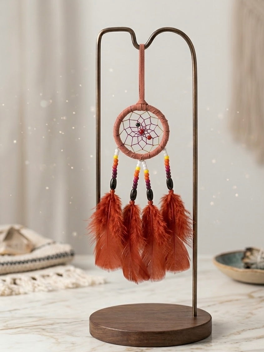 Small Handmade Red Dreamcatcher with Red Feathers