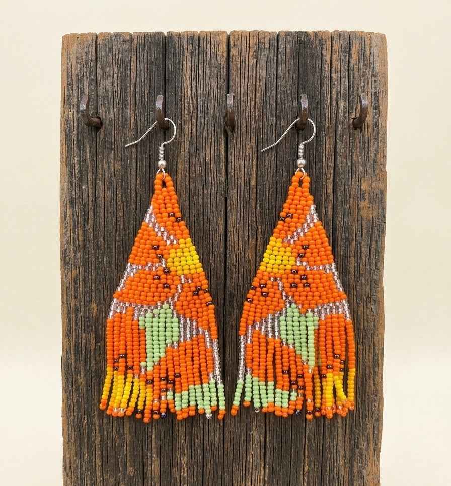 Flower Fringe Beaded Earrings (Orange)