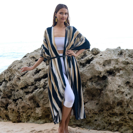 Bold Abstract Tie Dye Long Kimono In Grey & Gold