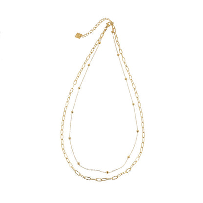 CASTILIA Gold Necklace:  Double Stacked Paper Clip Chain &  Beaded Chain - Dazzle in Duality.