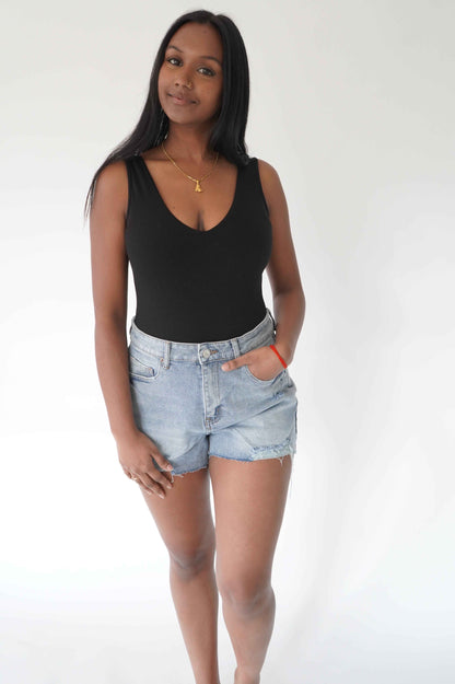 Bodysuit en rib col en V noir