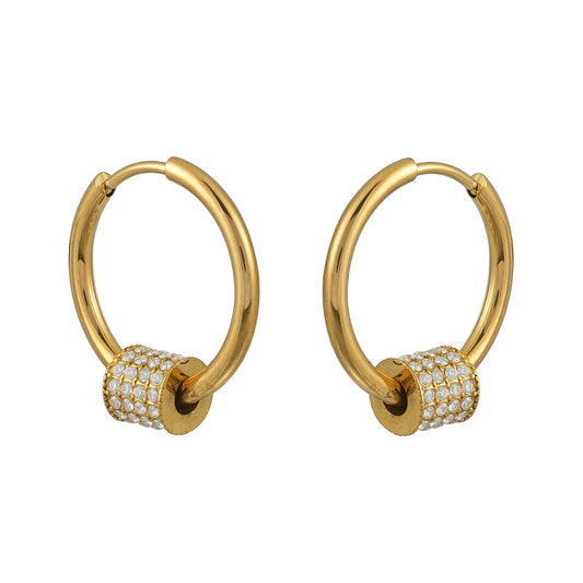 DUNIYA Gold: Mini Hoop Earrings with Barrel Pavé Zirconia Stones Charm – Luxe Modern Style