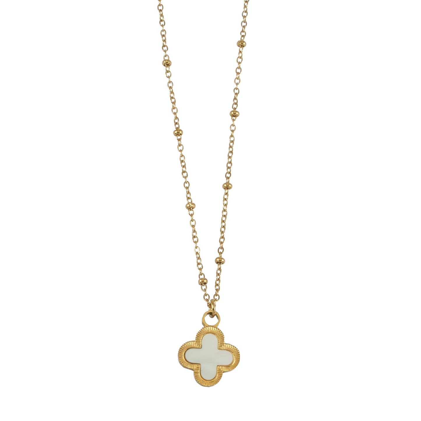 LULLA Gold: Natural Shell Clover Pendant Beaded Chain Necklace