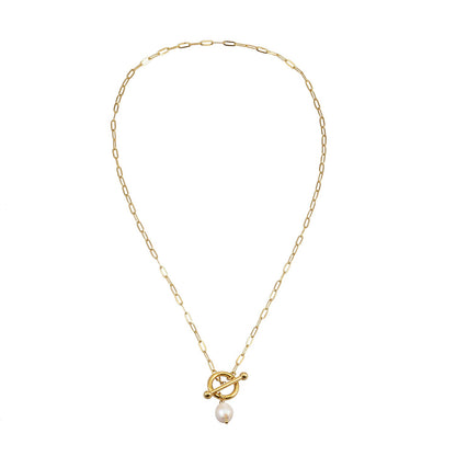 D'ANGELA Gold:  Paperclip Chain Necklace with Toggle Fastener & Pearl Charm