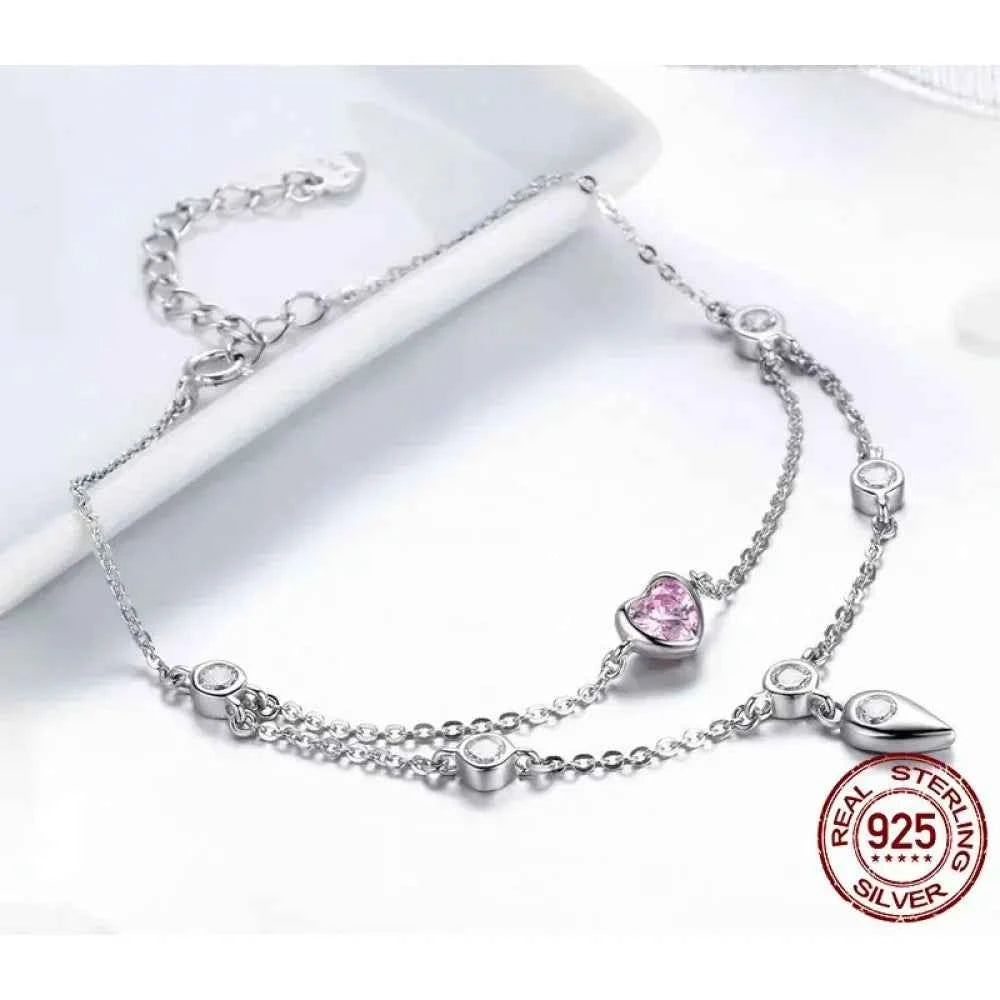 Sterling Silver Double Layer Bracelet with Pink CZ Hearts