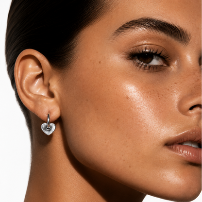 ENDEAR Silver (White Gold): Romantic Heart Charm Hoop Earrings – A Symbol of Everlasting Love.