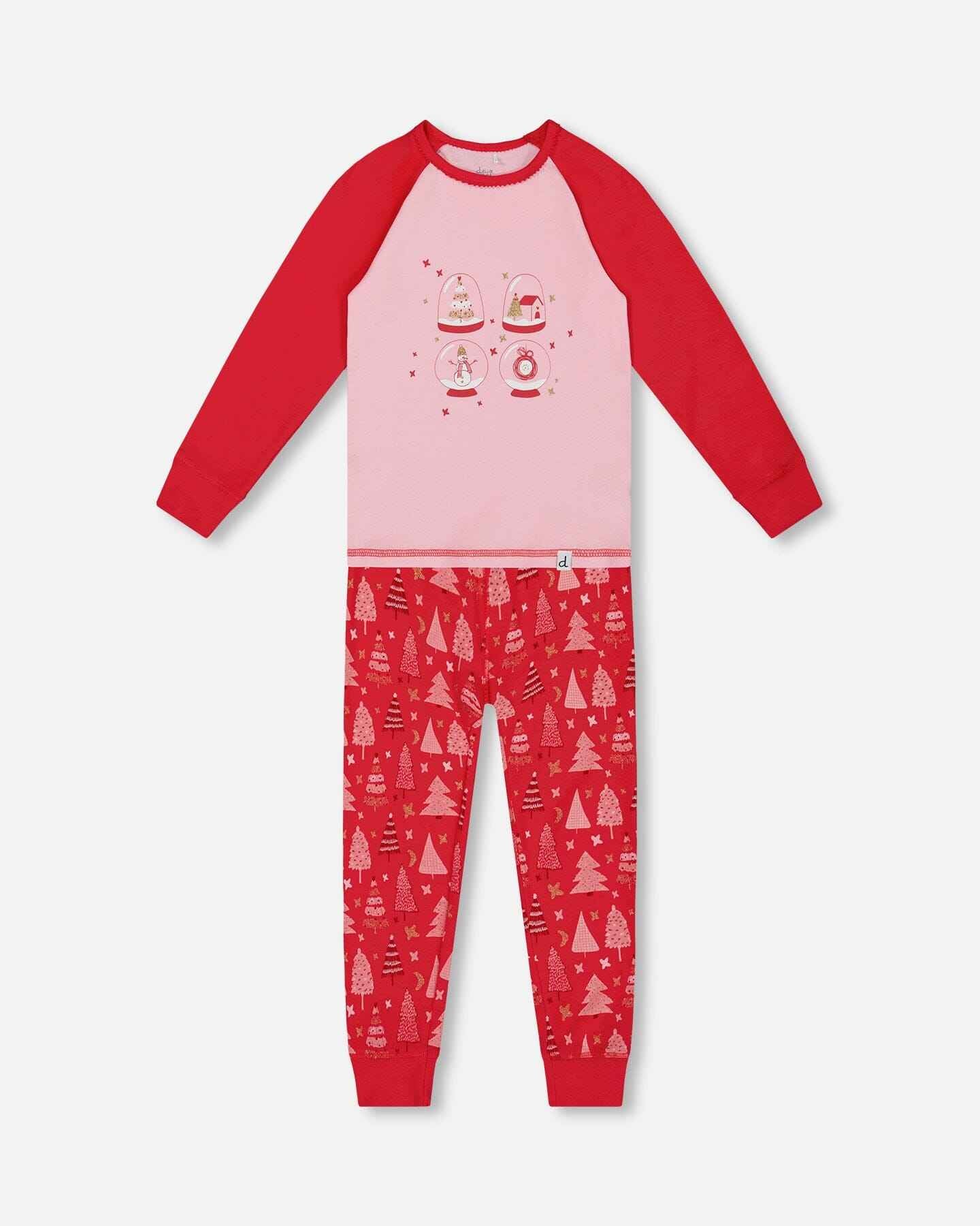Organic Cotton Two Piece Pajama Set Red Printed Christmas Tree