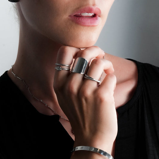 GILBERT: Double Banded Interconnected Stack Ring in White Gold (Silver Toned)