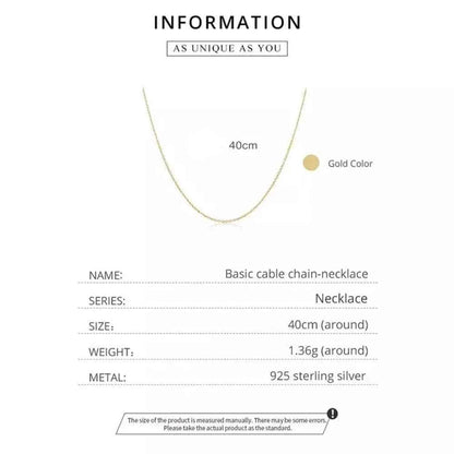 Authentic Gold Color 925 Sterling Silver Basic Cable Chain Necklace - Sca016