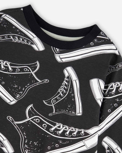 Long Sleeve Organic Cotton Allover Print Tee Black