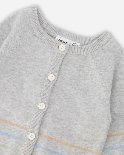Cotton Knit Striped Button Front Cardigan Light Heather Grey