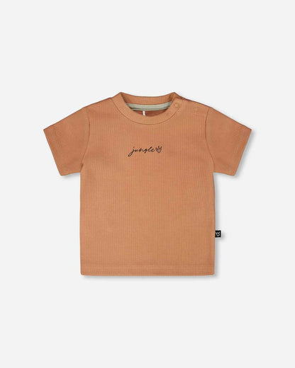 Cotton Rib Jersey T-Shirt And Organic Cotton Jersey Short Set Caramel And Beige Zebra Print