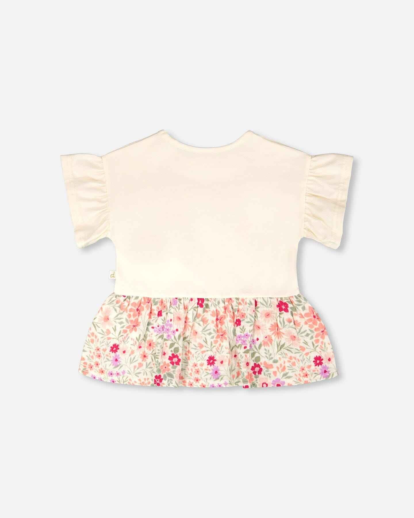 Organic Cotton Bi-Material Tunic Beige Flowers Print