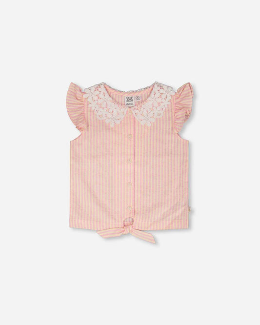 Sleeveless Shirt Pink And Yellow Stripes With Crochet Collar