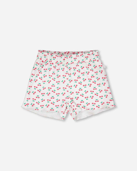 Rib Shorts White Printed Cherries