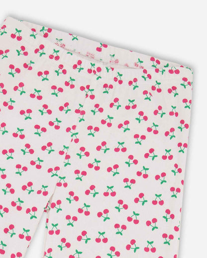 Rib Flare Leg Leggings White Printed Cherries